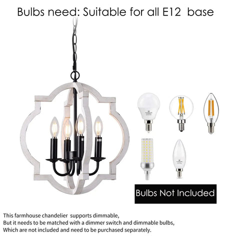 Plug In Pendant Chandelier With 16.4 Ft Cord, rustic white orb wood frame, E12 bulbs display, bulbs not included.