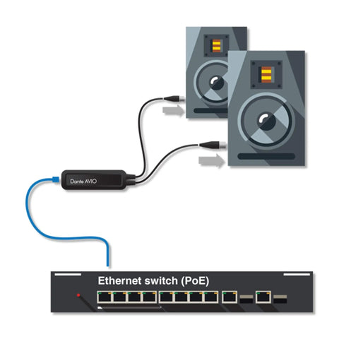 Dante AVIO 2 Channel Analog Output Adapter for Legacy Audio Gear and Dante Networks, Easy Plug In Interface, Low Latency Studio Quality Conversion, Reliable 2 Channel Output for Pro Audio Setups connected to speakers and PoE switch