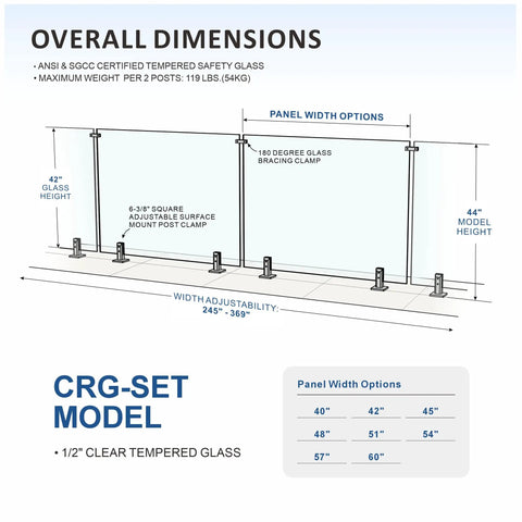 Dimensions of No Sweat Install 6 Panel Frameless Glass Deck Railing Kit With Top Shelf Stainless Steel Posts and Pre Cut Tempered Glass Panels.