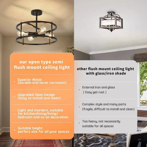 Black Semi Flush Mount Ceiling Light With Four Lights For Dining Room Kitchen And Bedroom Dope Vintage Farmhouse Industrial Close To Ceiling Chandelier For Sloped Ceilings Durable Metal Fixture comparison with another fixture.