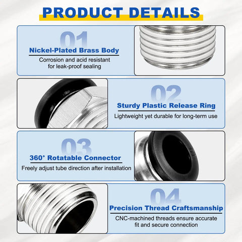 Product details of Two Pack Push To Connect Fittings for 0.25 Inch Tube and 3/8 Inch NPT Male Nickel Plated Brass adapters