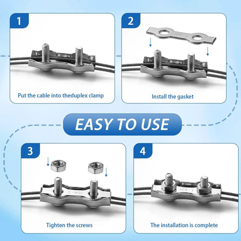 Instructions for using Built Different 304 Stainless Steel Wire Rope Clips 12 Piece Double Bolt Cable Clamps for easy installation.