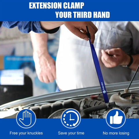 Upgrade Extension Clamp Tool For Tight Spaces Your Third Hand Vise Grip holding bolt in car engine, blue tool in use