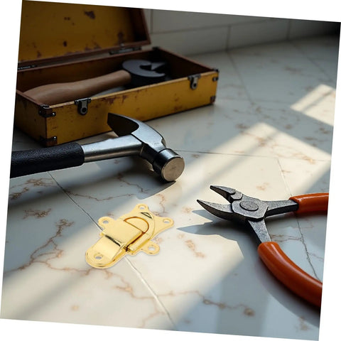 Chic 2 Pcs Antique Golden Zinc Alloy Toggle Lock Buckle For Wooden Jewelry Box And Tool Case With Classic Retro Latch Hardware on a marble surface with tools.