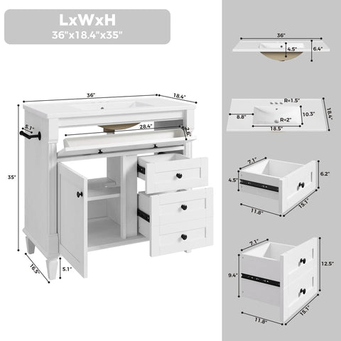 Space Saving 36 Inch Bathroom Vanity With Smooth Integrated Sink And Sturdy Adjustable Solid Wood Legs To Level Out Uneven Floors Without Sweat Plus Vintage Vibe Free Standing Cabinet With Roomy Drawers And Classic Towel Bar For Easy Morning Routines showing dimensions and detailed structure.
