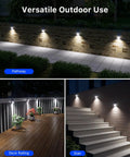 Collage of 4 Pack Solar Wall Lights Outdoor Stainless Steel Motion Sensor Lamps Waterproof on pathway, deck rail, and stairs