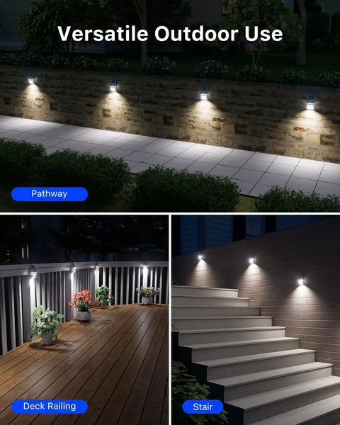 Collage of 4 Pack Solar Wall Lights Outdoor Stainless Steel Motion Sensor Lamps Waterproof on pathway, deck rail, and stairs