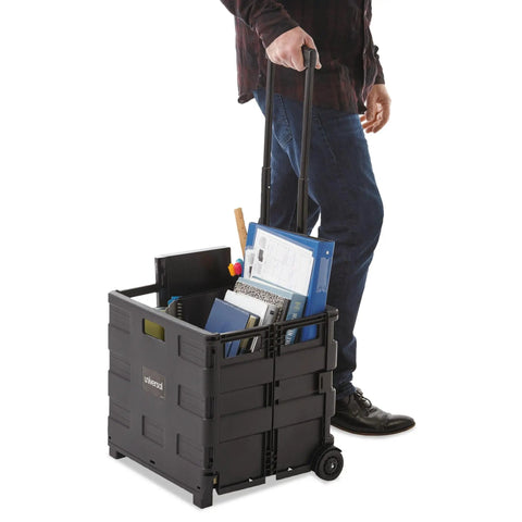 Person pulling a Collapsible Rolling Storage Crate With Telescoping Handle, 1.7 Cu Ft Capacity, filled with office supplies.
