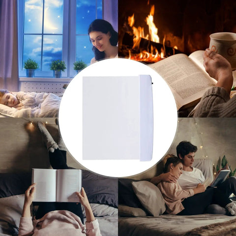 Flat Page Book Light With Clear LED Panel For Reading In Bed At Night Full Page Illumination Lamp Board shown in cozy settings