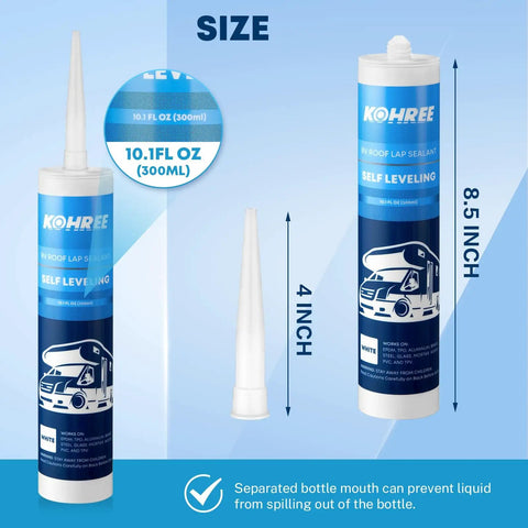 RV Roof Sealant Kit 4 Pack Self Leveling Lap Sealant In White shown in 10.1 fl oz size with nozzle and dimensions.