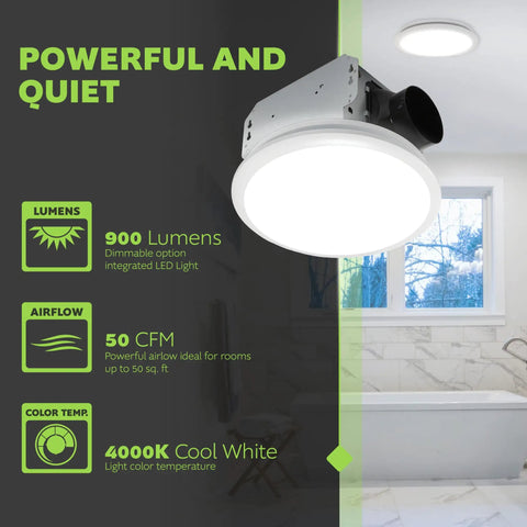Whisper Quiet Bathroom Exhaust Fan With Integrated LED Light Ceiling Mount 50 CFM Ventilation 0.7 Sones White Finish