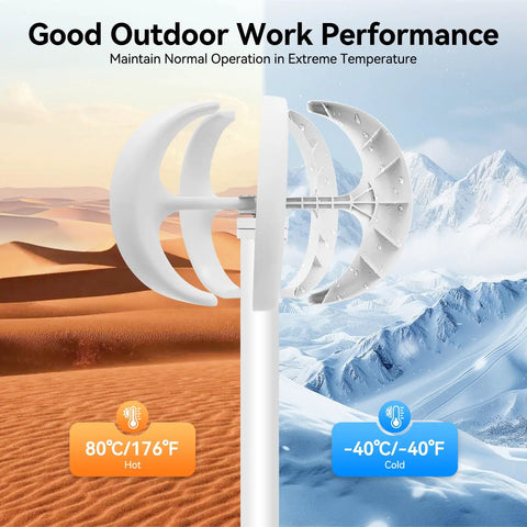 600W Vertical Axis Wind Turbine Kit with 12V system, five blade generator in desert and snowy mountain showing temperature range