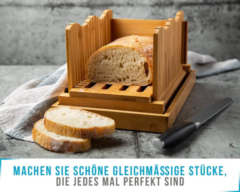 No Mess Bamboo Bread Slicer For Homemade Loaves Adjustable Foldable Bread Cutter With Crumble Tray Compact Cutting Board in use