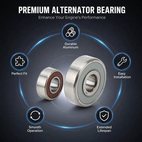 Pro Grade Alternator Bearing Kit With Small And Large Aluminum Alloy Bearings Compatible With Denso Units Oe 949100-5010, showcasing durable aluminum bearings.