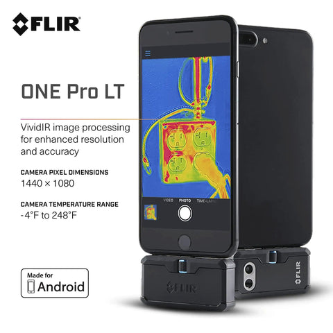 Pro Grade Thermal Camera For Smartphones With Micro USB Connector Detect Electrical Problems Heat Loss Water Damage And Hidden Hot Spots In Real Time With 4800 Pixel Infrared Imaging For On The Go Troubleshooting, attached to Android phone showing thermal image.
