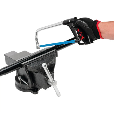 Hammer Tough 8 Inch Bench Vise With Powder Coated Finish, 360 Degree Swivel Base in use with hand saw, workshop setting.