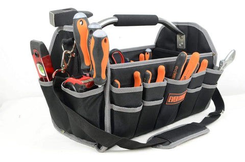 19 Inch Collapsible Tool Tote with Adjustable Shoulder Strap, waterproof oxford organizer, grey trim, 17 pockets, tools visible