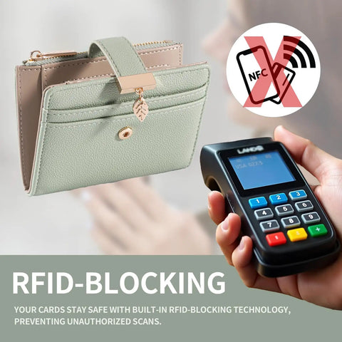 Ultra Slim Women Wallet With RFID Blocking Bifold Soft Leather Card Holder With ID Window Zipper Coin Pocket Seven Card Slots And Cash Pocket Minimalist Compact Design For Everyday Carry Green shown with RFID blocking symbol and card scanner