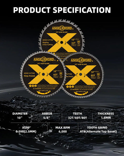 10 Inch Table Saw Blade And Miter Saw Blade Set With 32T 60T And 80T Tungsten Carbide Teeth displayed against a reflective surface