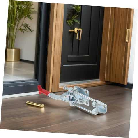 Heavy Duty Toggle Latch Clamp With 2183lbs Holding Power And Quick Release Pull Hasp For Freezer Doors Gun Vests And Toolboxes Made From Strong Galvanized Iron mounted near a door.