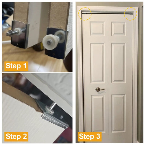 Built Tough Bifold Door Repair Kit For One Three Eighth Inch Wooden Cabinet Door Top Pivot and Bottom Bracket installation steps with guide wheel.