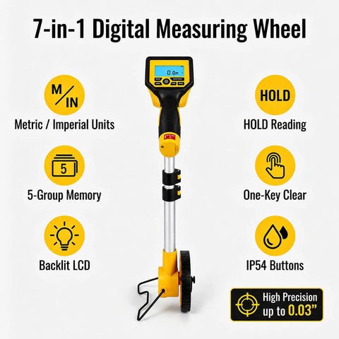 Digital Distance Measurement Wheel With Backlit Display And Memory Storage For Dead On Precision No Sweat Project Planning Kickass Yardage Tracker. 7-in-1 design with LCD and IP54 buttons.