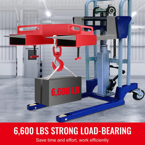 Heavy Duty Forklift Lifting Hook Swivel Attachment For Three Ton Capacity lifting a 6,600 lb weight with red hook on a forklift.