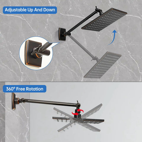 Oil Rubbed Bronze Bath Faucet Set With High Pressure 8-Inch Square Rain Shower Head showing adjustable angle and rotation