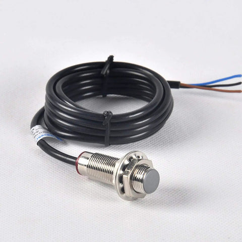 Ten Millimeter Hall Effect Proximity Sensor With NPN Normally Open Output, DC Five To Thirty Volts, silver body with coiled wire