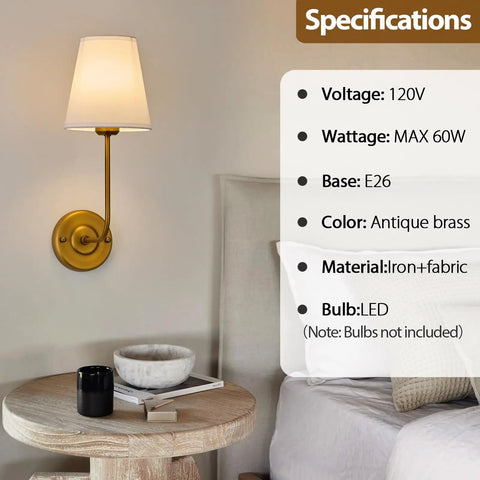 Hardwired Wall Sconce Set Of 2 With Flared White Textile Shade And Curved Arm In Antique Brass Finish For A Cozy Modern Bedroom Vanity