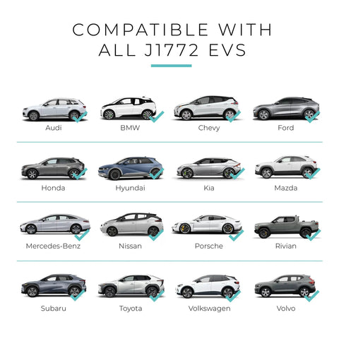 Compatible cars for Level 1 J1772 EV Charger With WiFi Control 120V 15 Amp NEMA 5 15 Plug 16 Foot Extension Cord Portable Electric Car Charger