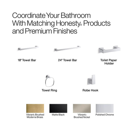 Honesty 18 Inch Towel Bar In Vibrant Brushed Moderne Brass shown with matching bath hardware items and finish options.