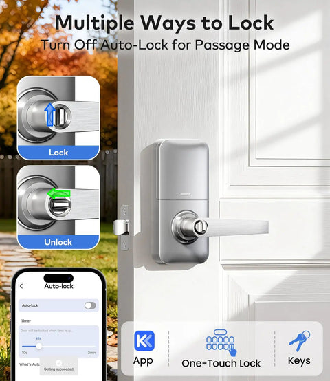 Knockout Smart Keypad Door Lock With Handle For Front Door Entry with app control and multiple lock options, sleek satin nickel finish.