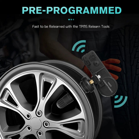 Pre Programmed TPMS Sensor For Chevy Aveo And Camaro No Programming Required Durable OE Quality Tire Pressure Monitoring System Plug And Play Install Long Lasting Sensors For Reliable Tire Readouts. silver TPMS sensor mounted on alloy wheel, plug-in tire pressure monitor