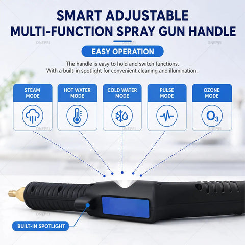 Powerful 1700W Portable Steam Cleaner With High Pressure Dry Vapor At 120 Degrees C - multi-function spray gun handle with modes and spotlight.