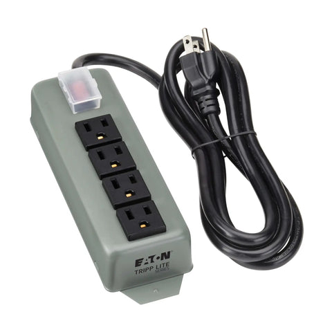 Rugged Four Outlet Heavy Duty Power Strip With Metal Housing Mountable For Wall Or Under Desk Use 6Ft Cord On Off Switch Cover Industrial Garage Workshop Grade UL603CB-6.