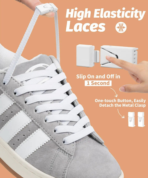 Elastic No Tie Sneaker Laces White 120 Cm Set Includes 2 Pairs Of Flat Stretch Laces And 4 Reusable Metal Buckles For Grab And Go Slip On Comfort Durable Fit on gray sneaker