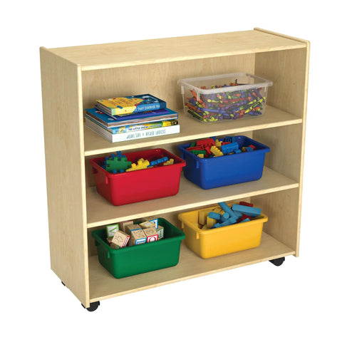 Slick Rolling Storage Rack With Adjustable Shelves And Heavy Duty Locking Casters holding colorful bins and books for classroom organization.