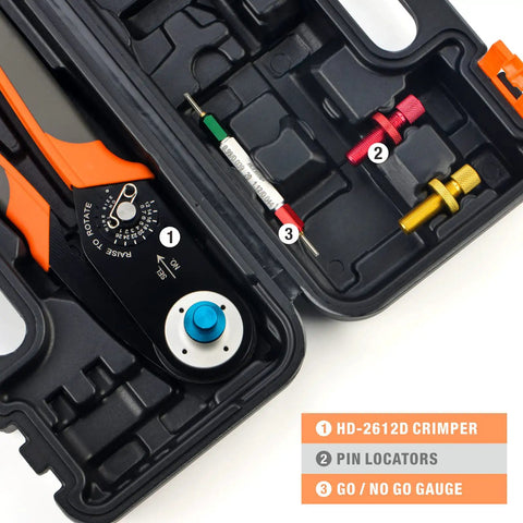 HD-2612D Deutsch Crimping Tool For DT DTM DTP Connectors, Crimper For 12 To 26 AWG Wire in case with pin locators and gauge.