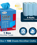 UNIMADE microfiber shop towels, 11x9 in blue, 100-sheet box, commercial-grade, lint-free cleaning cloths.