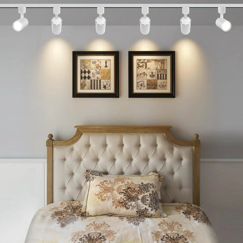 Bedroom scene with 7W LED Track Lighting Heads 3000K Dimmable H Type 3 Wire Ceiling Spotlight Kit 24 Degree Beam ETL Listed CRI90 White 6 Pack