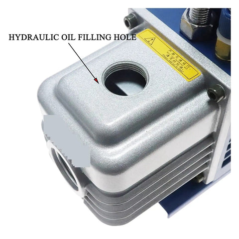 Hydraulic oil filling hole on Pro Grade Heavy Duty Single Stage Rotary Vane Vacuum Pump for Refrigerant HVAC service.