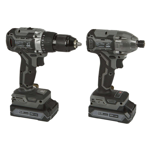 Brushless 20 Volt Drill Driver And Impact Driver Kit with one half inch and one quarter inch chucks on a white background.