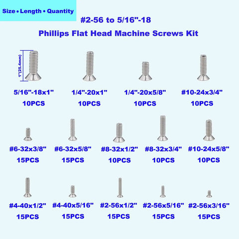 Solid Boss Level Hardware Must Have 185 Piece Phillips Flat Head Countersunk Screws 14 Size UNC Imperial 304 Stainless Steel Machine Bolt Assortment Kit For Nuts And Bolts Job Sites layout with sizes and quantities.