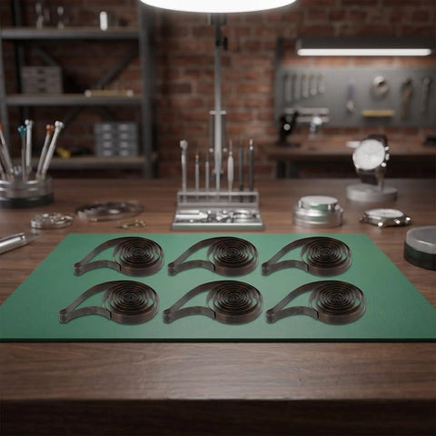 Vintage Wind Up Clock Mainspring Repair Kit, 6 Piece Mechanical Spring Replacement Set displayed on a green mat