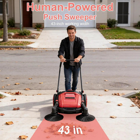 42 Inch Walk Behind Floor Sweeper With 15 Gallon Hopper For Industrial Use in action cleaning debris on a driveway.