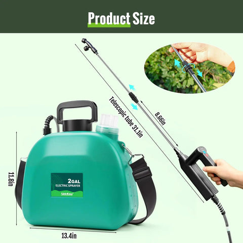 Product dimensions of Powerful Battery Powered Sprayer 2 Gallon Electric Weed Sprayer with telescopic wand and battery indicator