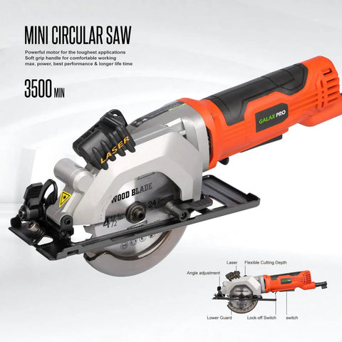 Heavy Duty Mini Circular Saw With Beefy 4 Amp Motor And Crisp Laser Sight For Dang Clean Cuts On PVC Laminate Drywall And 2x4s Featuring Slick Dust Collection Port with laser guide and adjustable depth.