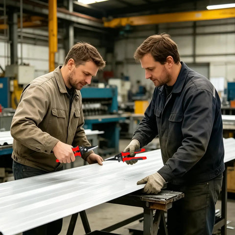 Two workers using Non Slip Snip Shears For Sheet Metal 9 Inch Manganese Steel Cutter With Labor Saving Lever in a workshop