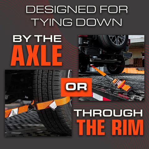 Rough And Ready Heavy Duty Car Tie Down Axle Straps With Full Body Cordura Wear Pads For Hog Tying Heavy Loads Securely 2 Inch X 36 Inch Four Pack Rated 3300 Pounds Swl showing strap attachment by axle or through rim.
